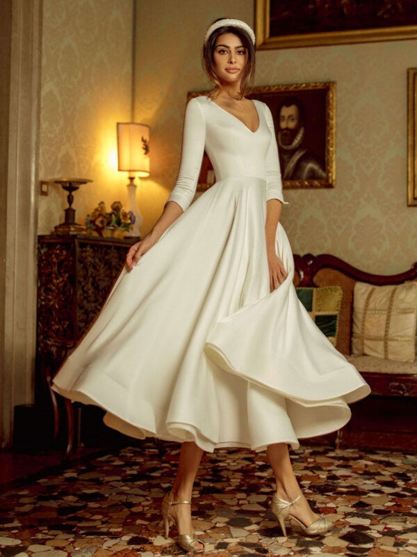 Short Wedding Dress 2024 Tea-Length V-Neck Half Sleeves A-Line Satin Fabric Short Bridal Dress Free Customization