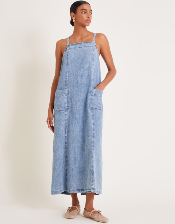 Sian Denim Pinafore Midi Dress Blue