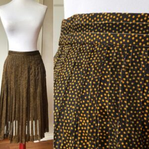 Silk Satin Sheer Chiffon Pleated Black Orange Tan Dotted Knee Tulip Pencil A-Line Skirt 1980S 80S 1970S Vintage Size S Pleat Ruffled Gold