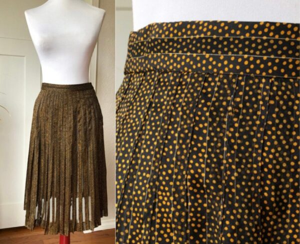 Silk Satin Sheer Chiffon Pleated Black Orange Tan Dotted Knee Tulip Pencil A-Line Skirt 1980S 80S 1970S Vintage Size S Pleat Ruffled Gold