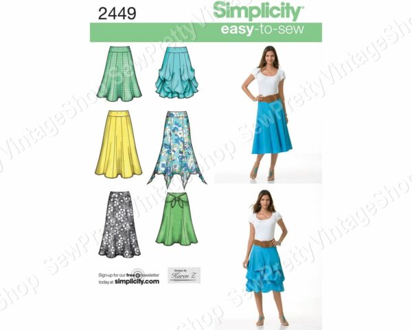 Simplicity 2449 Easy To Sew Skirts Midi Or Knee Length Flared, Ruched, Godet, Skirt, Easy Sewing Pattern Size 6-14