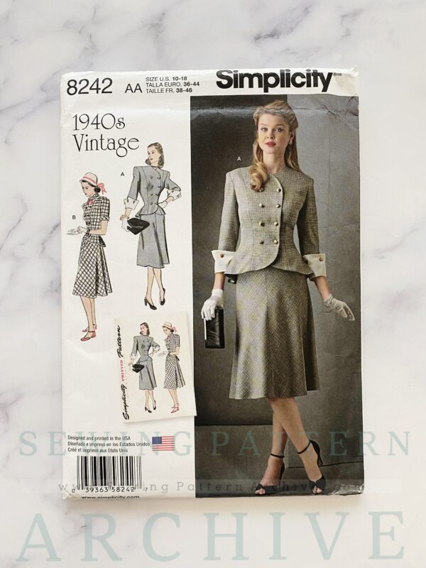 Simplicity 8242. 10-18 Uncut Ff New. Peplum 2 Piece Skirt Suit With Slim Straight Dress Ensemble. 1940S Vintage Sewing Pattern Reissue