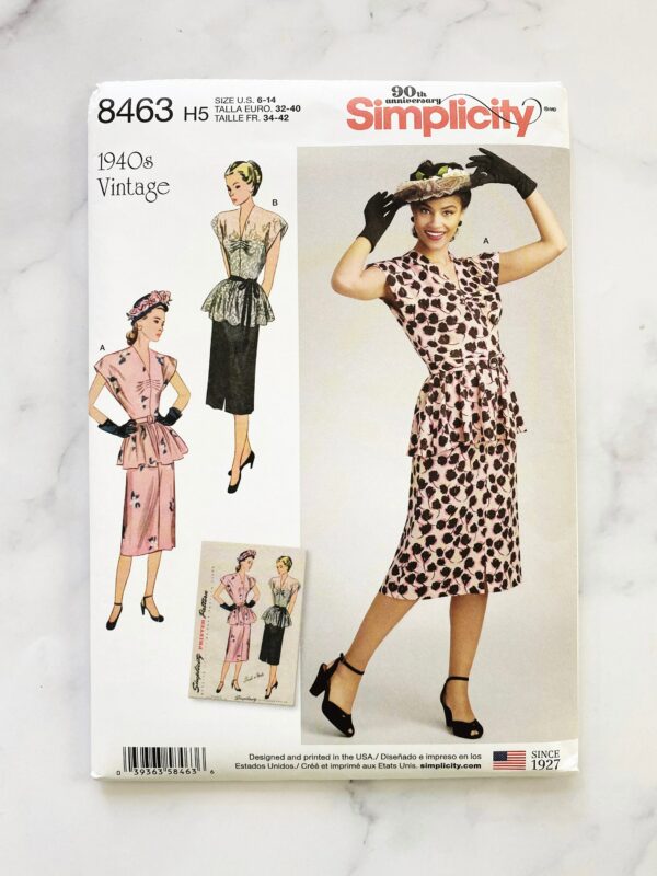 Simplicity 8463. 6-14 Uncut Ff New. Peplum 2 Piece Dress With Slim Straight Skirt Ensemble. 1940S Vintage Sewing Pattern Reissue