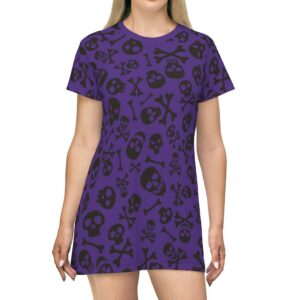 Skull & Bones Dress Gothic Emo Punk Rocker Purple & Black Short Sleeve T-Shirt Nightgown Gift For Her