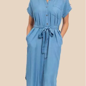 Sky Blue Collared Front Button Midi T-Shirt Dress