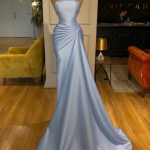 Sky Blue Strapless Satin Long Evening Dress