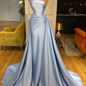 Sky Blue Strapless Slim Mermaid Prom Dress Ruched Satin Long Evening Dress Sweep Train