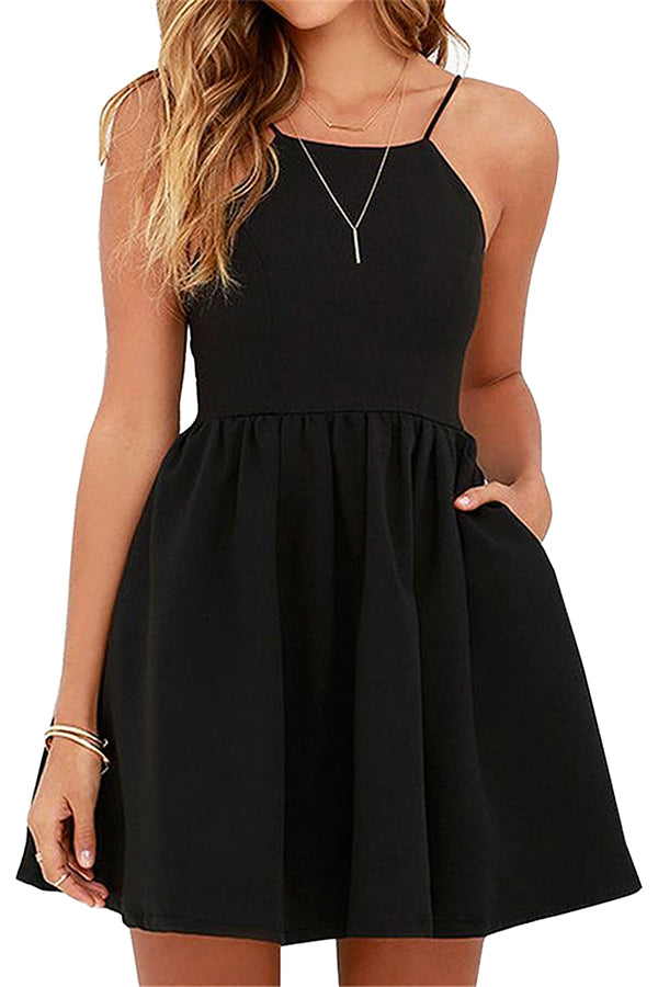 Sleeveless Backless With Pocket Plain Mini Skater Straps Dress Black