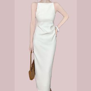 Sleeveless Boat Neck Plain Midi Sheath Dress