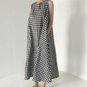 Sleeveless Crew Neck Gingham Midi Smock Dress