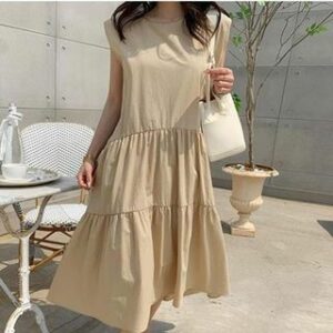 Sleeveless Crew Neck Plain Midi Smock Dress