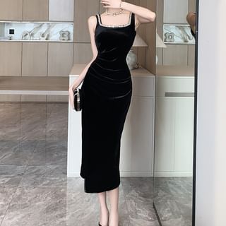 Sleeveless Square Neck Plain Rhinestone Velvet Midi Sheath Dress