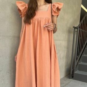 Sleeveless Square Neck Plain Ruffle Maxi Smock Dress