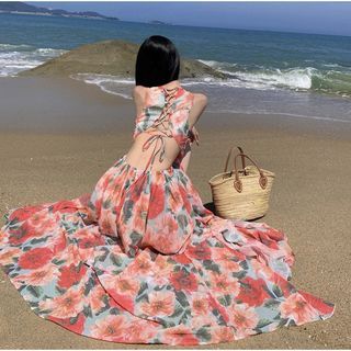 Sleeveless V-Neck Floral Open Back Side-Slit Maxi A-Line Dress