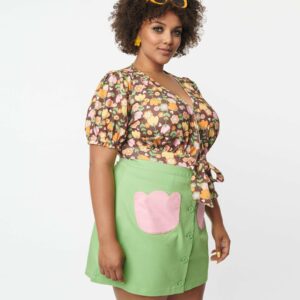 Smak Parlour Plus Size Green & Pink Tulip Match Game Skirt