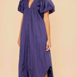 Smock Detail V Neck Puff Sleeve Midi Dress In Periwinkle