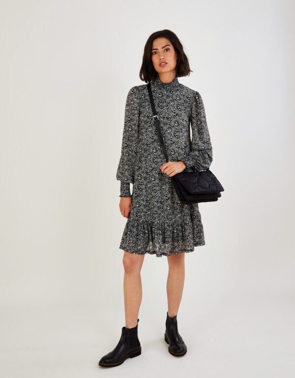 Smock High Neck Paisley Jersey Dress Black