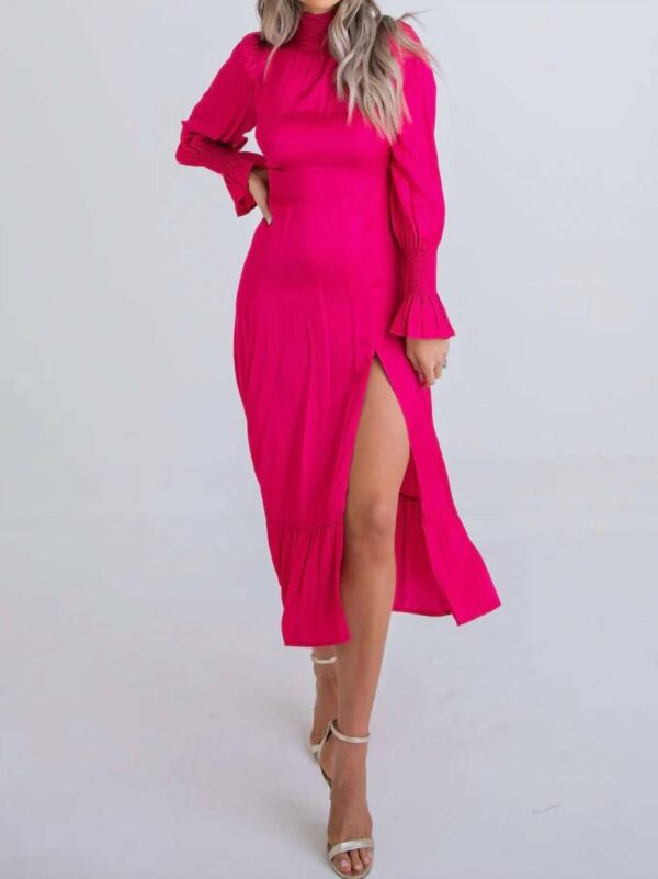 Smock Neck Midi Dress In Magenta