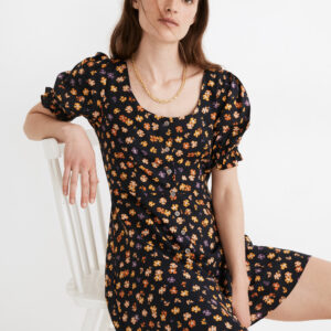 Smock-Sleeve Button-Front Mini Dress in Happy Hibiscus