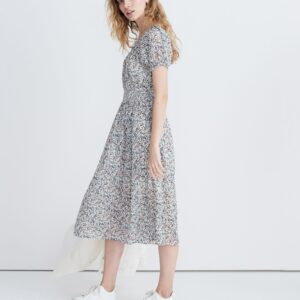 Smock-Waist Peasant Midi Dress in Blossoming Vines