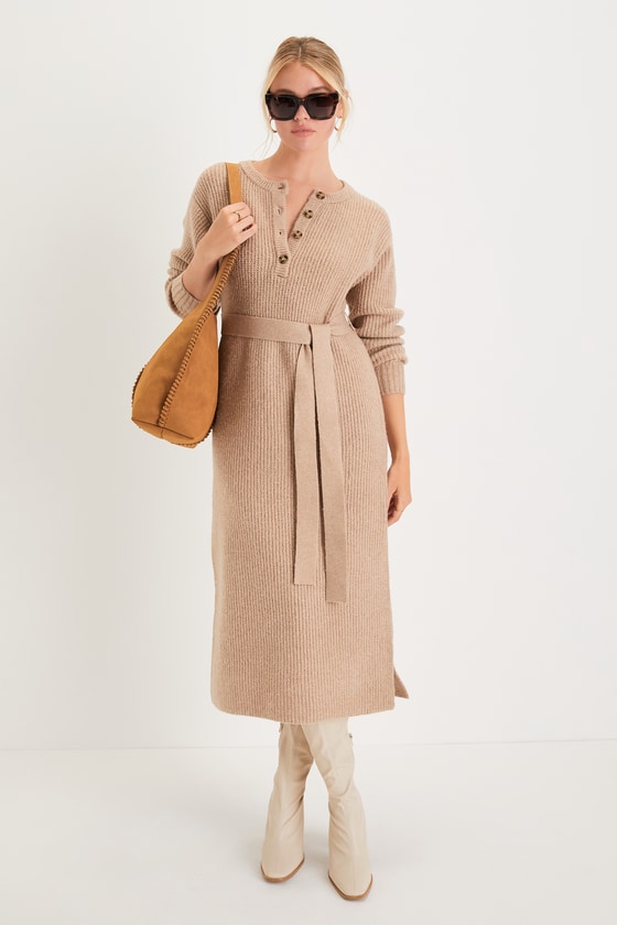 Snuggly Aesthetic Beige Long Sleeve Henley Sweater Midi Dress