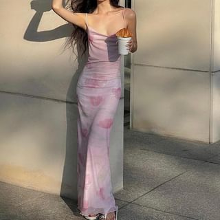 Spaghetti Strap Floral Mesh Maxi Bodycon Dress