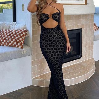 Spaghetti Strap Halter Neck Floral Print Cut-Out Mesh Maxi Bodycon Dress