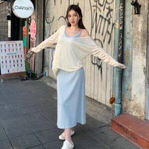 Spaghetti Strap Plain Midi A-Line Dress / Long-Sleeve V-Neck T-Shirt