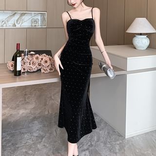 Spaghetti Strap Plain Rhinestone Velvet Midi Mermaid Dress