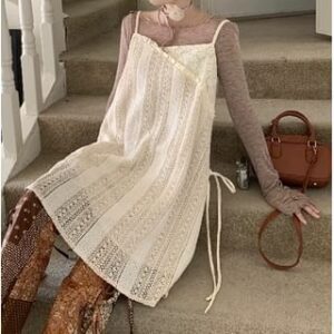 Spaghetti Strap Tie-Side Mini A-Line Lace Dress / Long-Sleeve Boat Neck Melange Lettuce Edge T-Shirt