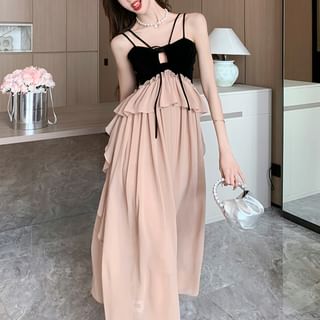 Spaghetti Strap Two Tone Ruffle Maxi A-Line Dress