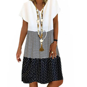 Spots & Stripes V-Neck Summer Smock Dress - 3 Colours & 3 Sizes