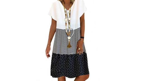 Spots & Stripes V-Neck Summer Smock Dress - 3 Colours & 3 Sizes