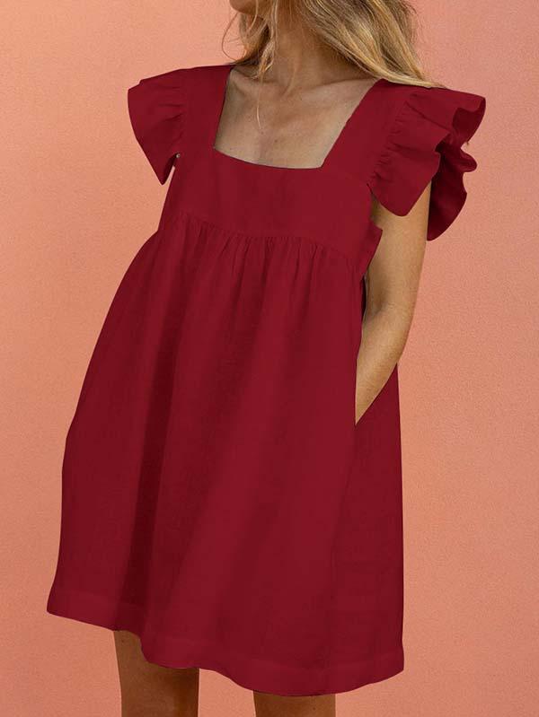 Square Neck Flounce Sleeves Ruched Babydoll Dress