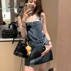 Square Neck Washed Denim Mini Pinafore Dress