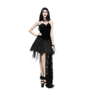 Steampunk Strapless Dress With Lace Train / Gothic Asymmetry Hem Dress with Feathers