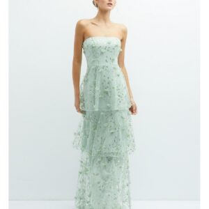 Strapless 3D Floral Embroidered Dress with Tiered Maxi Skirt - Celadon