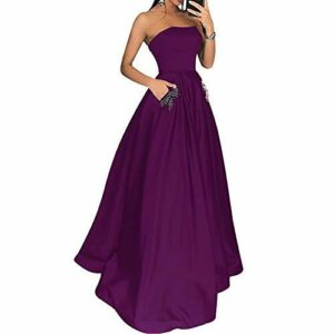 Strapless Beaded Pockets Satin Long Formal Evening Gown Prom Dress Purple US 14