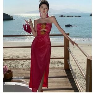 Strapless Cutout Rose Front Maxi Sheath Dress