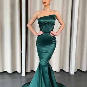 Strapless Dark Green Mermaid Prom Dress Sleeveless Satin Bodycon Party Dress