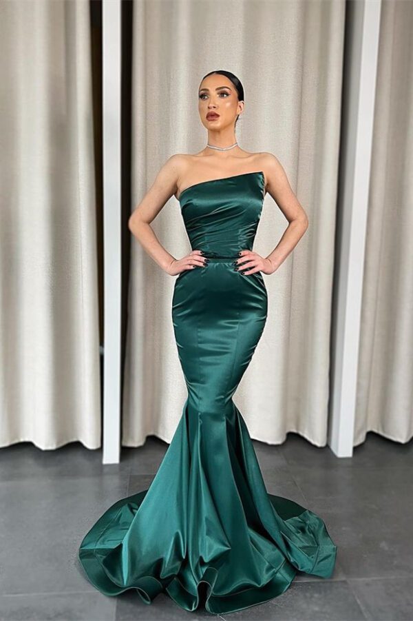 Strapless Dark Green Mermaid Prom Dress Sleeveless Satin Bodycon Party Dress