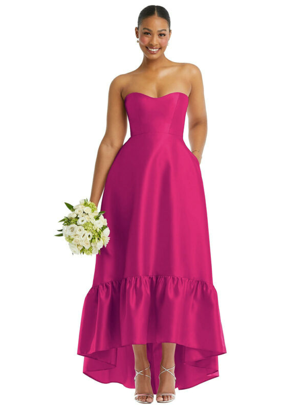 Strapless Deep Ruffle Hem Satin High Low Dress with Pockets