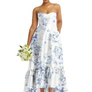 Strapless Floral High-Low Ruffle Hem Maxi Dress with Pockets