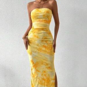 Strapless Floral Side-Slit Maxi Sheath Dress