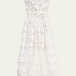 Strapless Gardenia Guipure Eyelet Dress with Self Belt