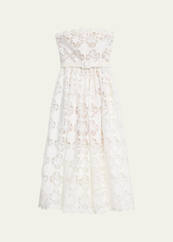 Strapless Gardenia Guipure Eyelet Dress with Self Belt