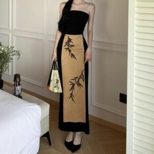 Strapless Jacquard Panel Embroidered Slit Midi Sheath Dress