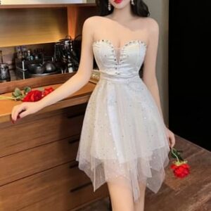 Strapless Plain Rhinestone Sheer Panel Mini A-Line Dress