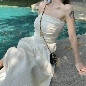 Strapless Plain Ribbed Midi A-Line Dress