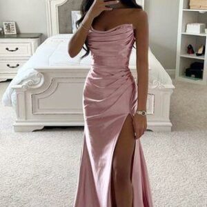 Strapless Plain Side-Slit Maxi Corset Dress Pink - S